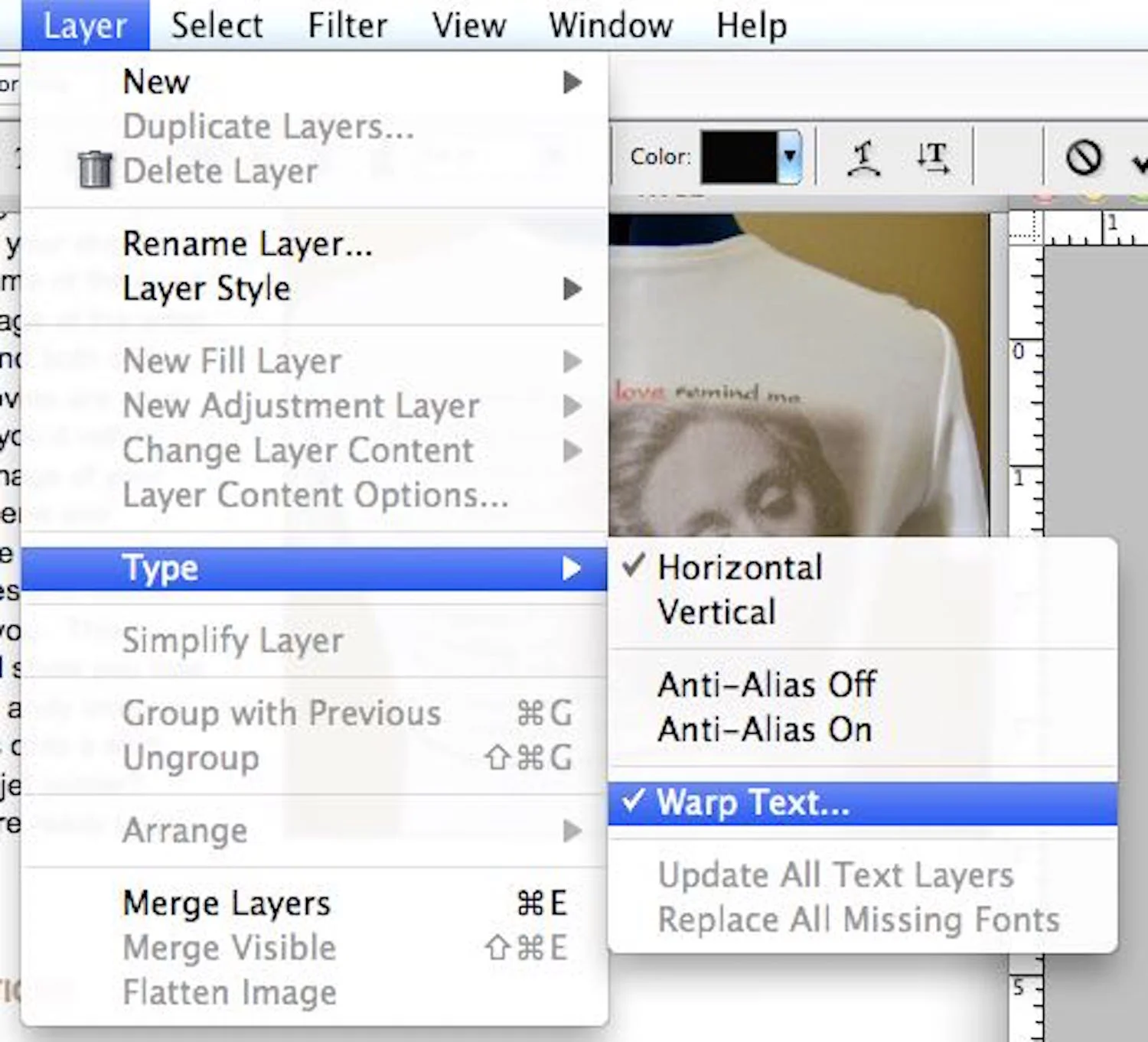 step 2 - To wave the text, select it with the text tool. Go to the Layer menu and select Type then Warp Text. 