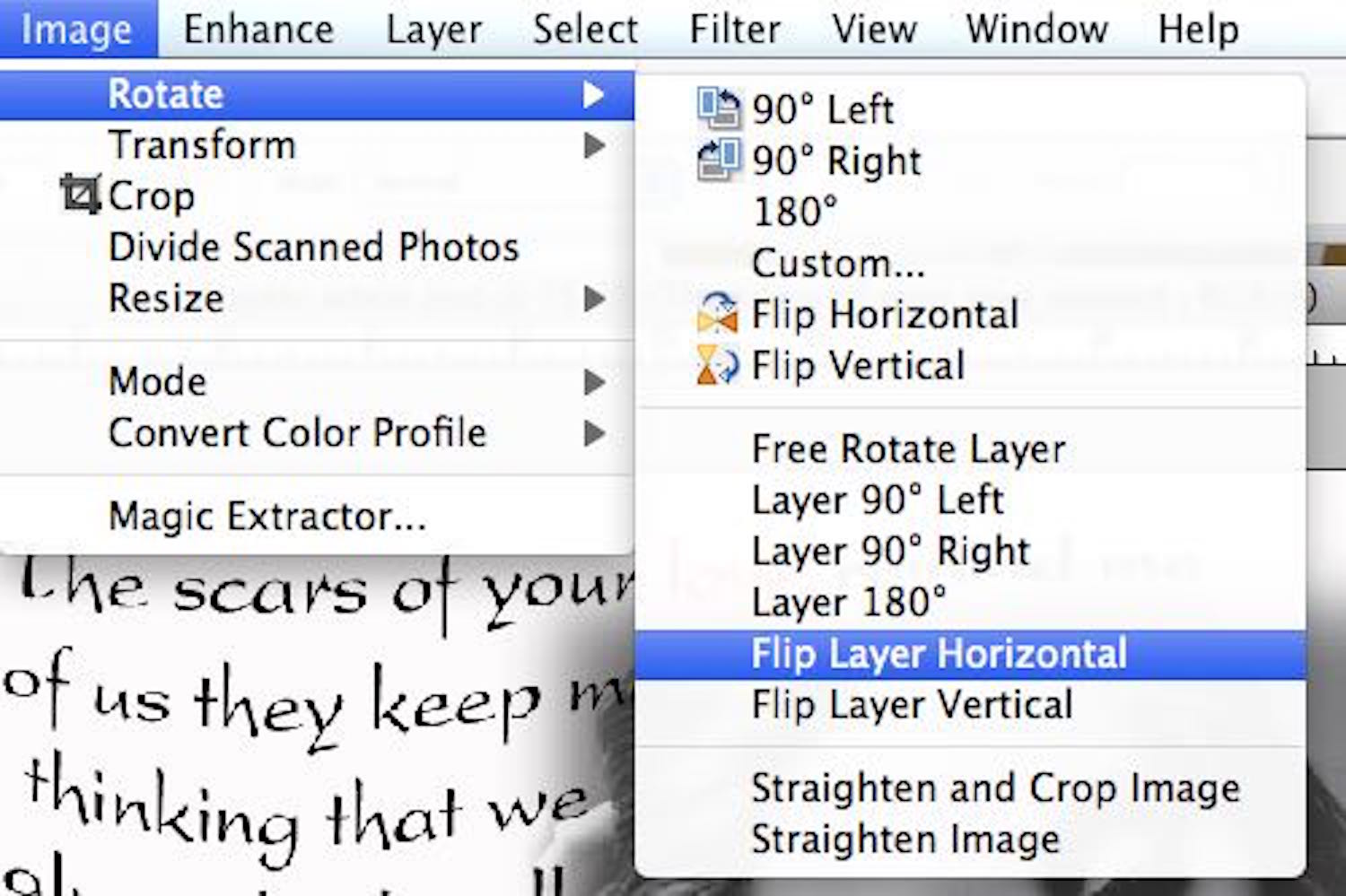 step 5 - Save a copy of your document. In the Layers menu click “merge visible”. In the Image menu select “rotate and “flip layer horizontal”. 