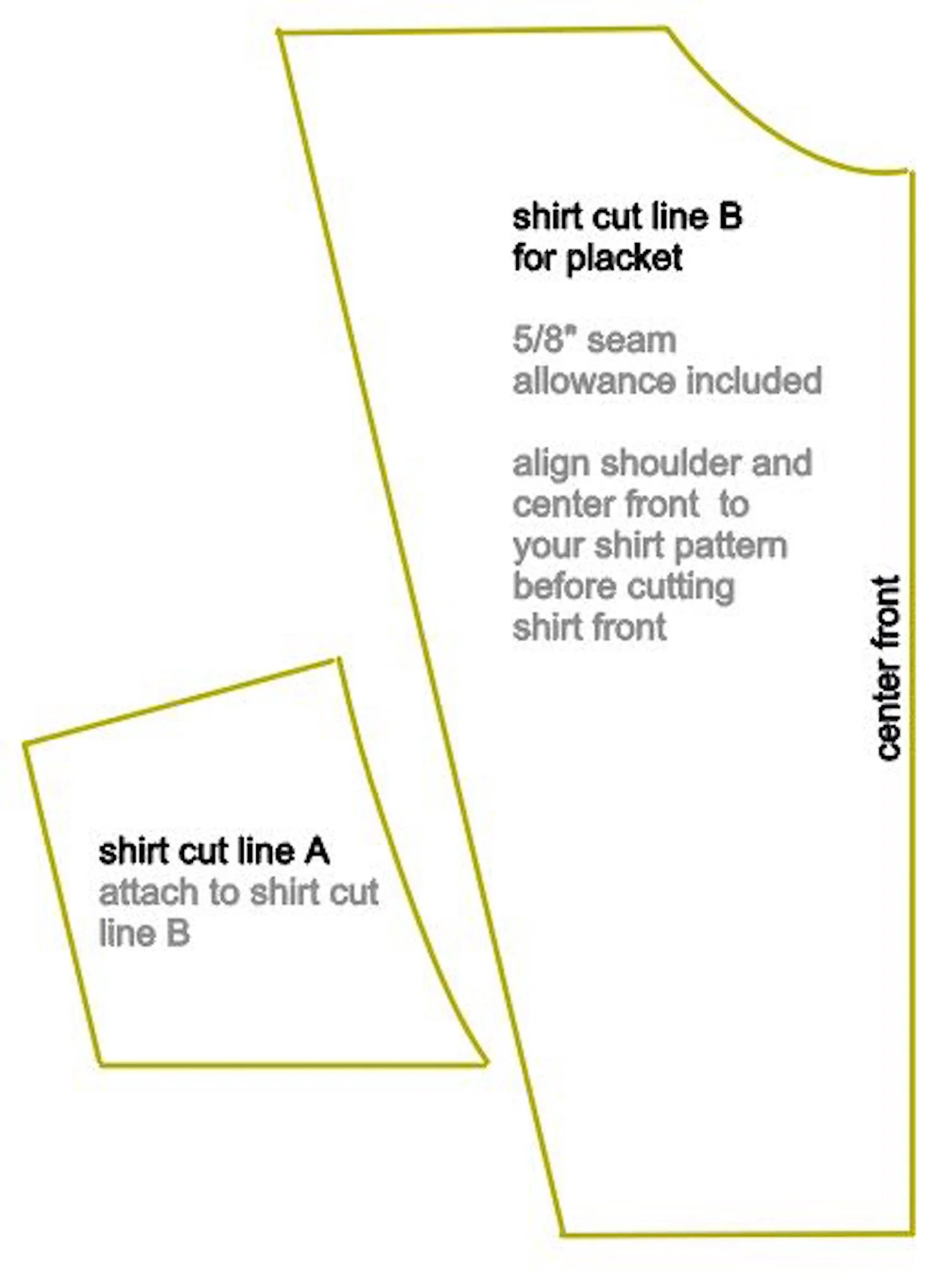 step 1 - Print out the template pieces for the shirt Cut Line and the Placket. Each is in two pieces. Tape them together.