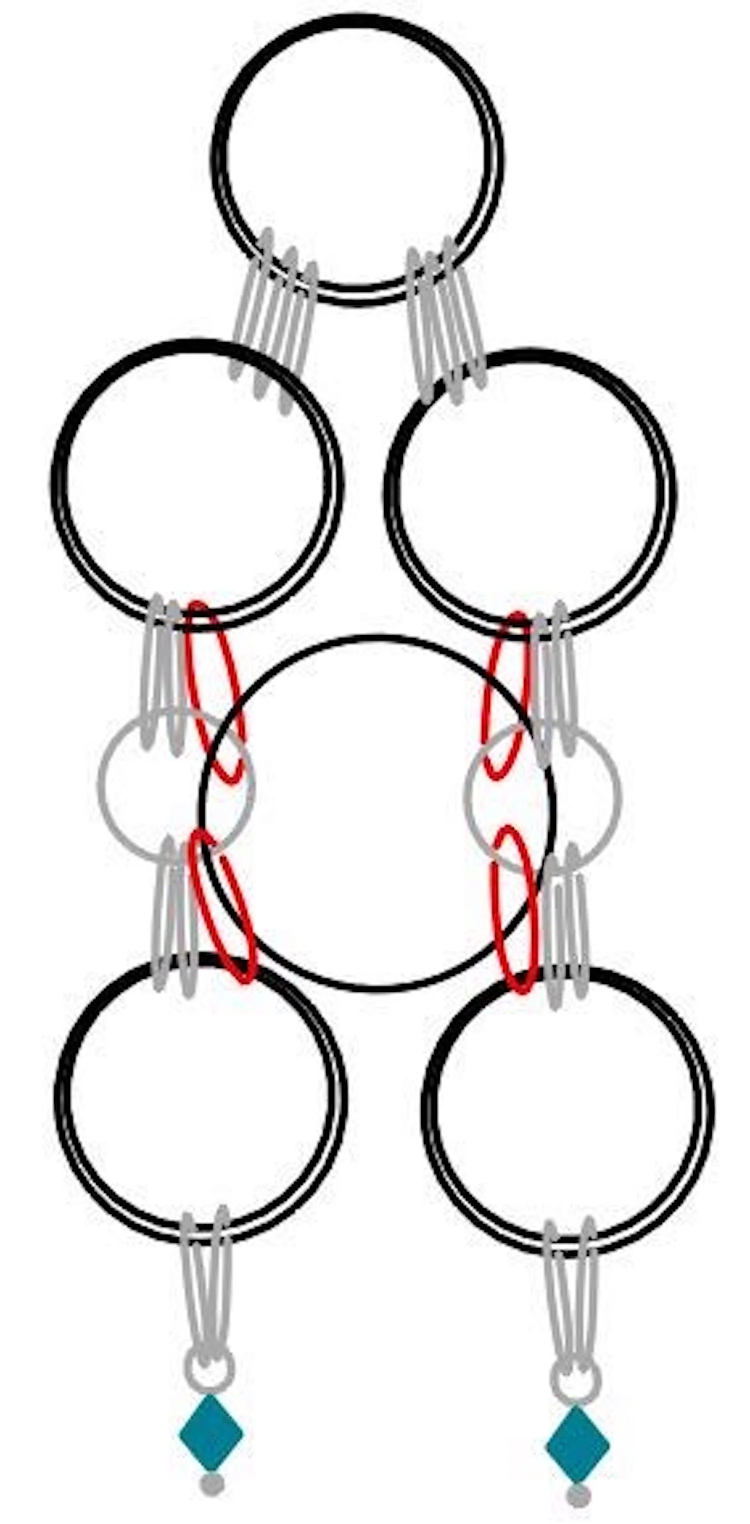 step 8 - Turn the work over. Slip one large ring through the four small inside rings (shown in red). Spacing and size are exaggerated here for better viewing.