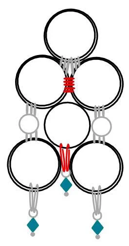 step 9 - Turn the work to the right side. Add five small rings (shown in red) connecting the two large rings of section one and two. Also add two small rings (shown in red) to the bottom of the large center ring. Add a bead section to the two small rings. To complete, add an earring wire to the top large ring.