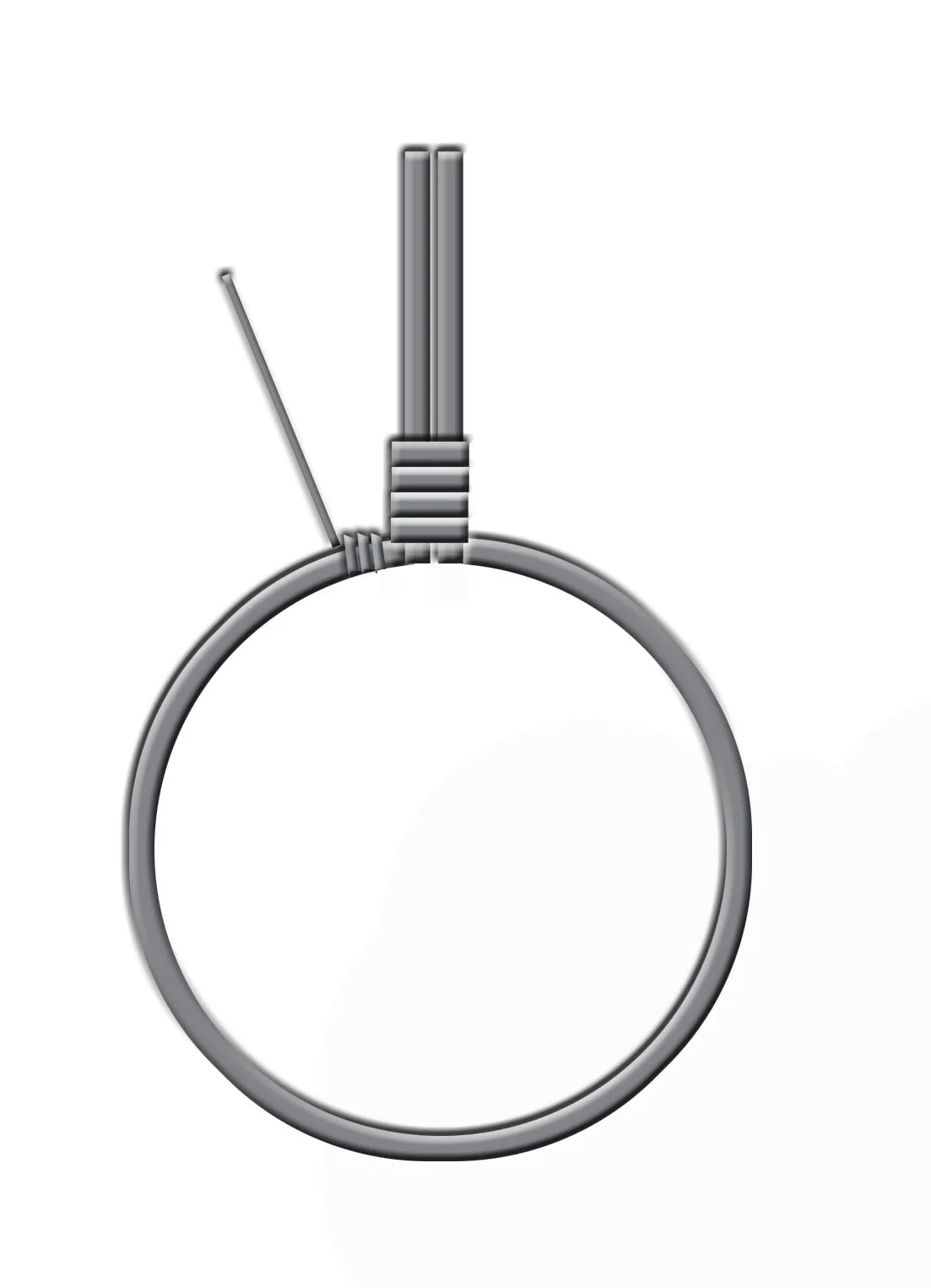 step 3 - The amount of 24 gauge wire you will need to add beads to the circle is too long to work with comfortably. I used 24” lengths, adding new pieces as needed. Wrap the wire end around the 18 gauge three times near the center of the circle.