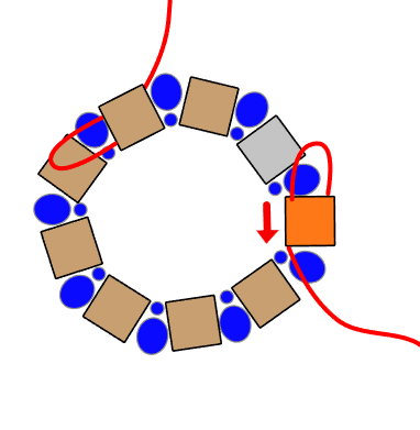 step 6 - Remove the stop bead from the other end of thread and add a needle. Pass through the inside holes of the last square bead represented in orange.