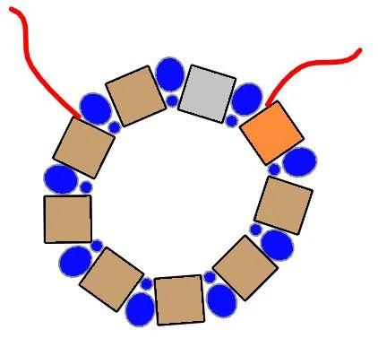 step 8 - Complete both strands of the necklace by adding the following beads to each: seed bead 4 mm bead seed bead 4 mm bead 6 mm antique brass spacer 11 - 4mm beads with a seed bead between each 6 mm spacer 11 - 4 mm beads with seed beads between each 6 mm spacer One 4 mm bead 60 seeds