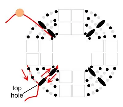 step 11 - When you return to your starting point, bring the needle through the next four seed beads then through the top hole of the oval bead. Weave the needle in and out of the holes in the oval beads securing them to each other. Reverse the process returning to the top hole. 