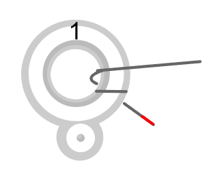 step 1 - Starting from the back, wrap about a 12” length of wire once around the right side of a toggle ring coming back out on top. Red indicates the starting end of the wire.