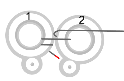 step 2 - Add a second ring. Pass the wire across the top of ring 2, then to the back. Come up between the two rings with the wire across ring 2.