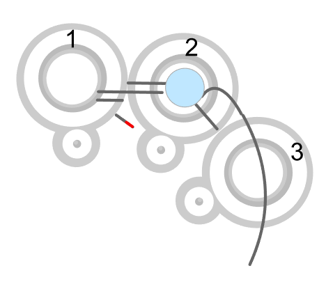 step 4 - Wrap the wire around the right edge of ring 2 coming back out the top. Add ring three.