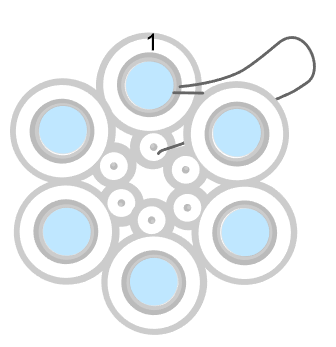 step 7 - Bring the wire to the back of the work and through the small loop in ring 1. Connect the six small loops just as you did the large rings except you won’t be adding beads to them.