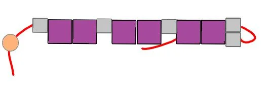 step 3 - Bring the thread from row # 1 through the cube bead in row two and through the open holes of two tila beads.