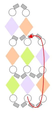 step 7 - Pass the needle through the pearl, two silver seed beads, pearl, and peach bicone. Add a pearl, lavender bicone, pearl, two silver seed beads.