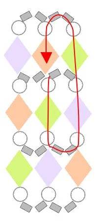 step 8 - Pass the needle through a pearl, green bicone, pearl, two silver seed beads, pearl, lavender bicone, and a pearl. Add a green bicone, pearl, two silver seed beads. Pass the needle through the pearl and peach bicone.