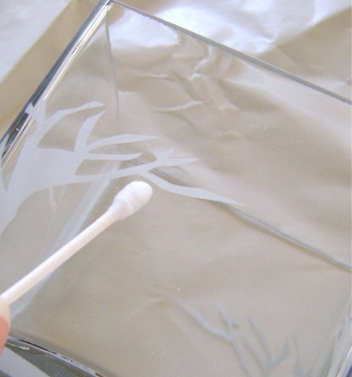 step 6 - If the Stencil Adhesive is visible on the glass panels after the paint has dried, it can easily be removed with Acrylic cleaner. A Q-tip is a good applicator for the cleaner because it allows you to get into small areas between branches.