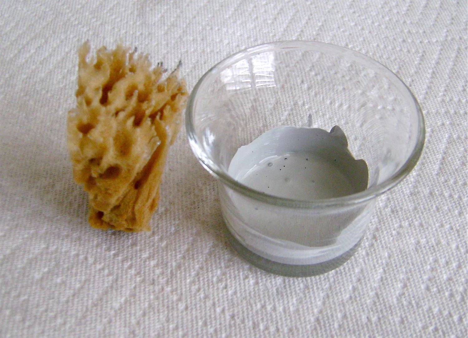  step 7 - Place the remaining paint in a small container. Cut a piece of sea sponge to a size that will fit into the container. Wet the sponge, then put it in a towel and squeeze out the moisture.