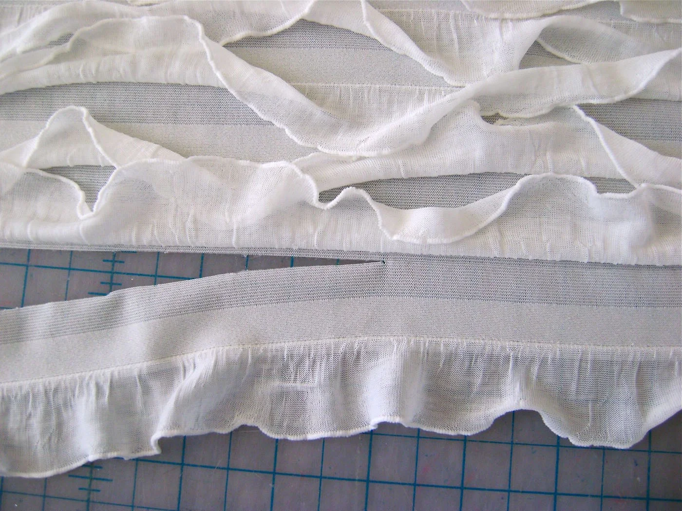 step 1 - The Ruffles Separate the ruffles by cutting the fabric into strips. Each strip should be about 1 ½” wide and consist of 1” of ruffle and ½” of a flat border. This is a knit fabric that doesn’t fray.