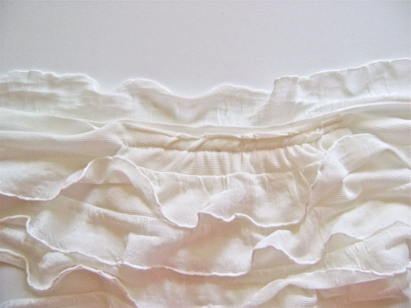 step 7 - Cut one more strip of only one ruffle plus the margin, to measure 13” long. Gather it as you did the other ruffles. Attach it to the neck sewing the margin to the wrong side of the fleece. The ruffle creates a collar at the neck when flipped to the right side.