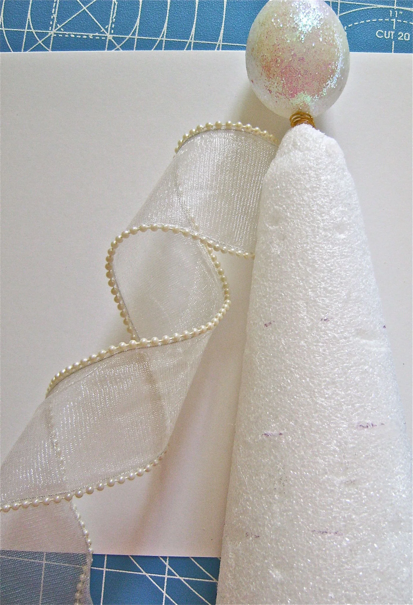 step 13 - With the front of the cone facing you, twist the ribbon away from you creating one loop. Twist it again creating another loop. 