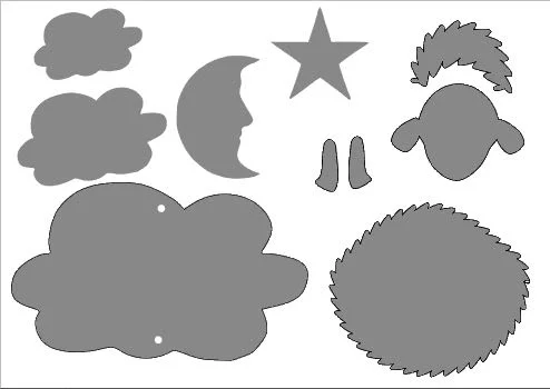 step 1 - CK - Download and print the template onto card stock. SC - Download the dedicated Silhouette pdf for the cut files. You will need three of each of the following for this project: sheep body from textured clay, large medium and small clouds, moon, star, smooth head cover, face, and pairs of legs. 