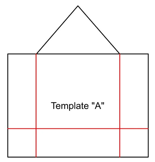 step 2 - House # 1 & 2 - Use Template “A” to cut a house from light cardboard. Fold the cardboard on the red lines to create side walls and a bottom for the birdhouse. For variety, change the height of some of the houses in your collection by moving up the horizontal red line.