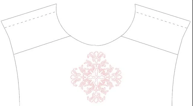 step 3 - Once the image is on your screen along with your pattern, experiment with a variety of placements to find one that appeals to you. You will no doubt have blank spaces that need filling. Ways to do that include rotating the design, copying and pasting different sizes, and breaking apart the design to only use portions. I took the original square design and rotated it, positioning it on the center back.