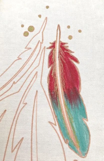 step 11 - Paint half way up each feather staying inside the sketch lines. Allow the turquoise to dry then paint the top portion of the feather with red paint, overlapping the turquoise in irregular strokes. Create jagged strokes with the gold sketch pen down the center of the feathers.