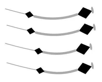 step 2 - Slip onto the wires, two .75" tubes and two 1" tubes. Follow the tubes with a 4mm bicone.
