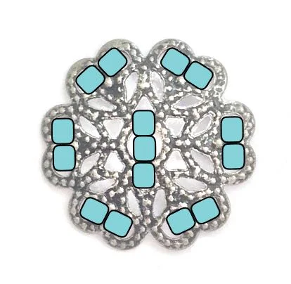 step 16 - Move the needle to the center and out the hole. Add three beads and work the needle back through the nearest vertical hole. 