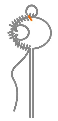 step 6 -Position #4 on the outer edge of the key wire. Wrap three times through the first curl.
