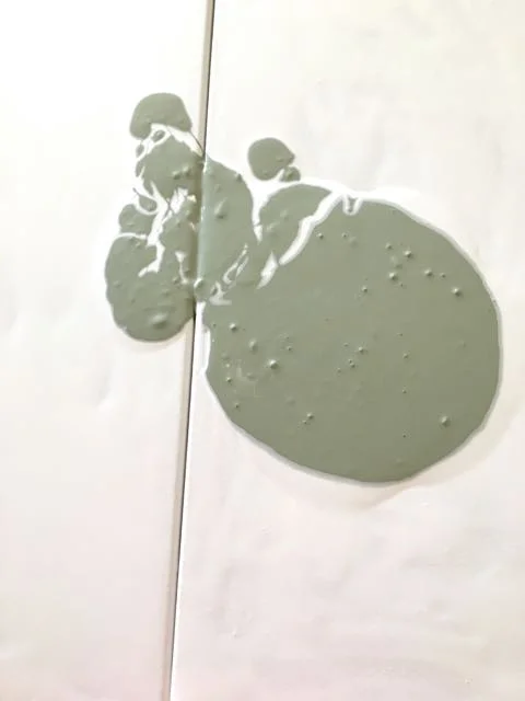 step 6 - Pour the sage paint into a puddle in the lower right half of the right canvas. Continue to pour slightly left of the line where the canvases meet.