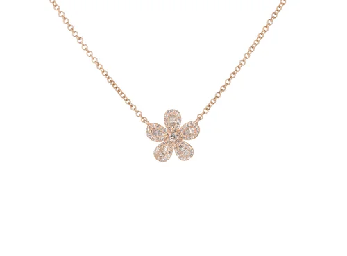 14kt Rose Gold Diamond And Baguette Flower Necklace Andrea Groussman Fine Jewelry - Diamond Flower Pendant Gold 14kt Rose Gold Diamond And Baguette Flower Necklace Andrea Groussman Fine Jewelry - Diamond Flower Pendant Gold