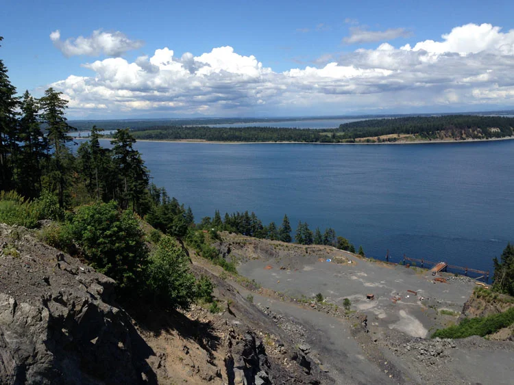 View from upper bench looking at armored shoreline