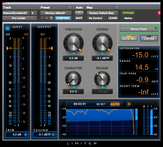 Final LUFS reading I took in the D-Control 5.1 studio. I subsequently dropped global clip gain by aprox 3-4dB after taking this reading, so hopefully my submitted video falls within the EB -23dB acceptable range.