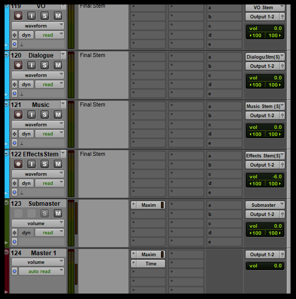 During the final mix, I set up dedicated individual stems for DEM and VO stems, but I ran out of time to get these done to a standard I was happy submitting before the looking deadline. Next time!