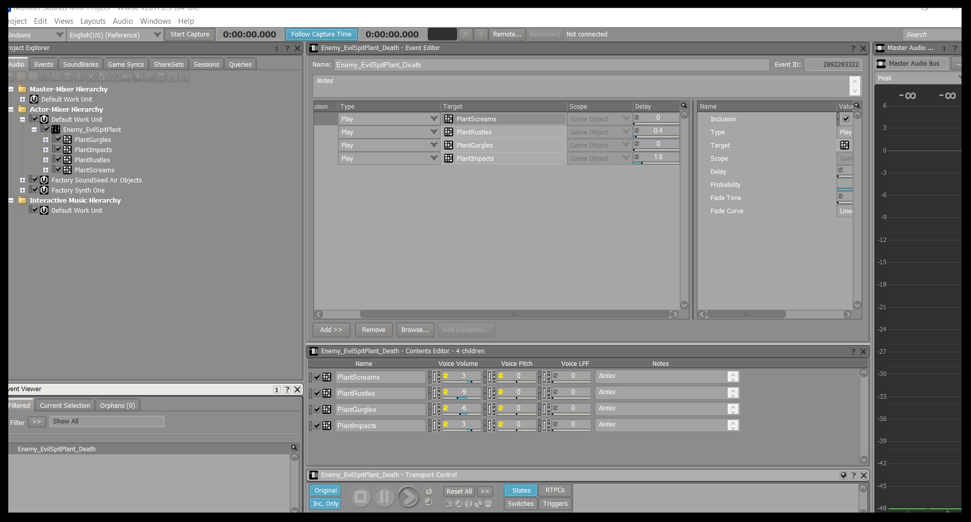 The Enemy_EvilSpitPlant_Death event in my Wwise session. Each layer of the sound has its own random container, with voice volume and pitch offset randomisation applied. Independent delay settings on the play actions were set so as to give the collec…