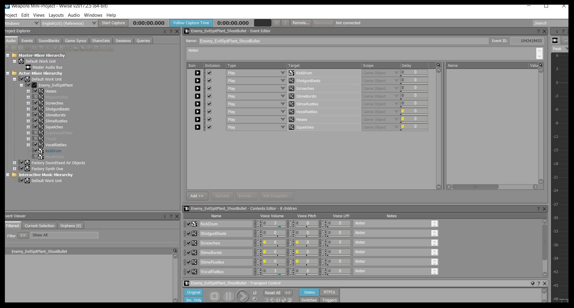 The Enemy_EvilSpitPlant_ShootBullet event in my Wwise project. Randomised pitch and volume offsets were applied to certain layers, and randomised delay offsets to the vocal and tail layers were used to vary the playback speed of the latter sections …