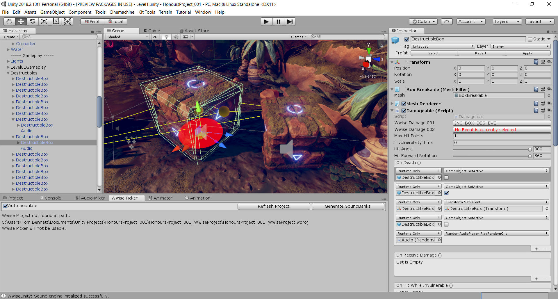 After changing the name of the Wwise variables in the Damageable script, the Wwise box destruction event was reset from all the destructible boxes I’d previously set up in the level. Rather than having to tediously reapply my sounds to every individ…