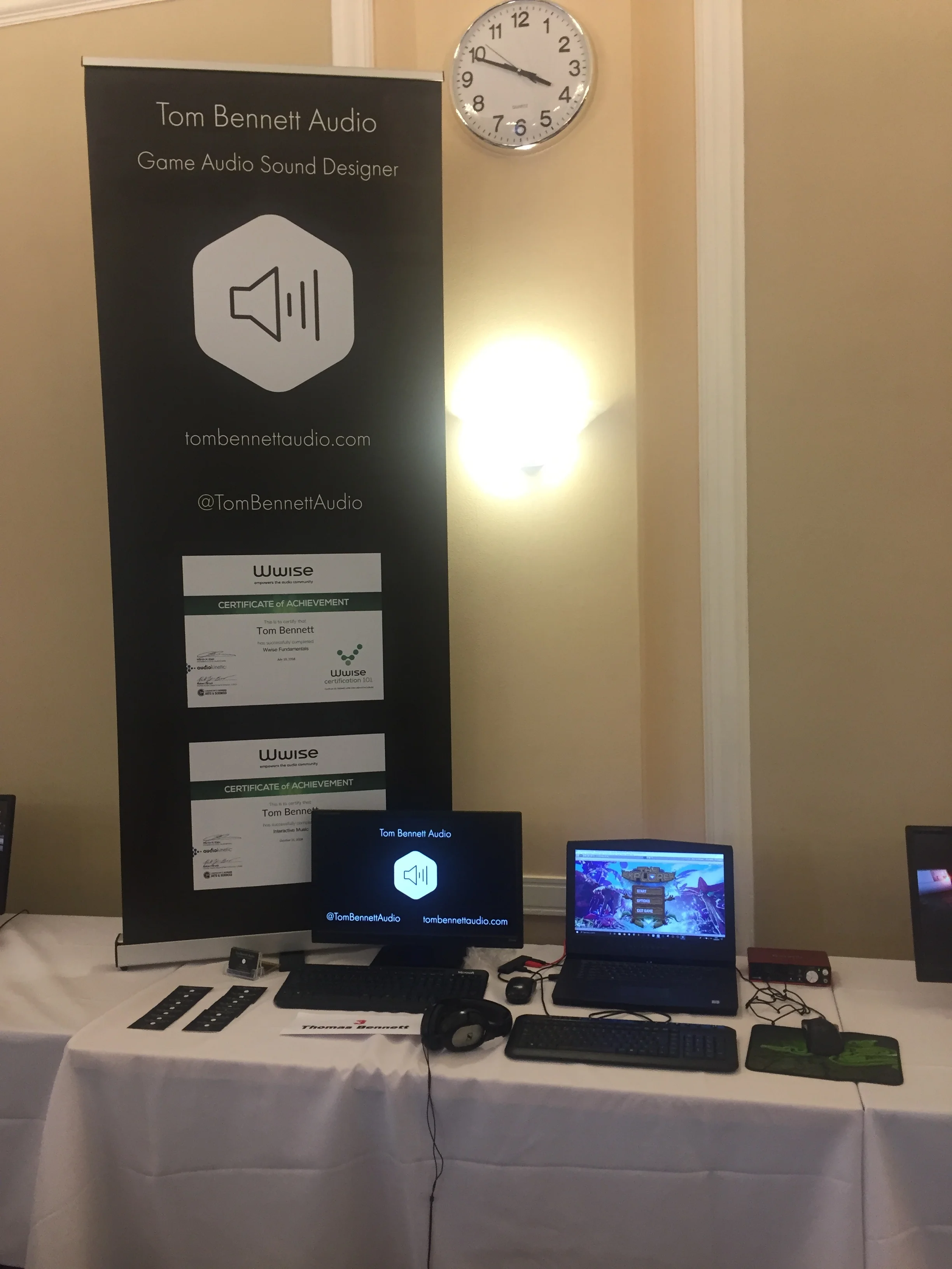 My banner and stand at the Futureworks degree show, just before doors opened at 4! I presented my audio showreel alongside my Honours project, a full audio re-design for the Unity 3D Game Kit that uses both Unity’s audio engine and Audiokinetic’s Ww…
