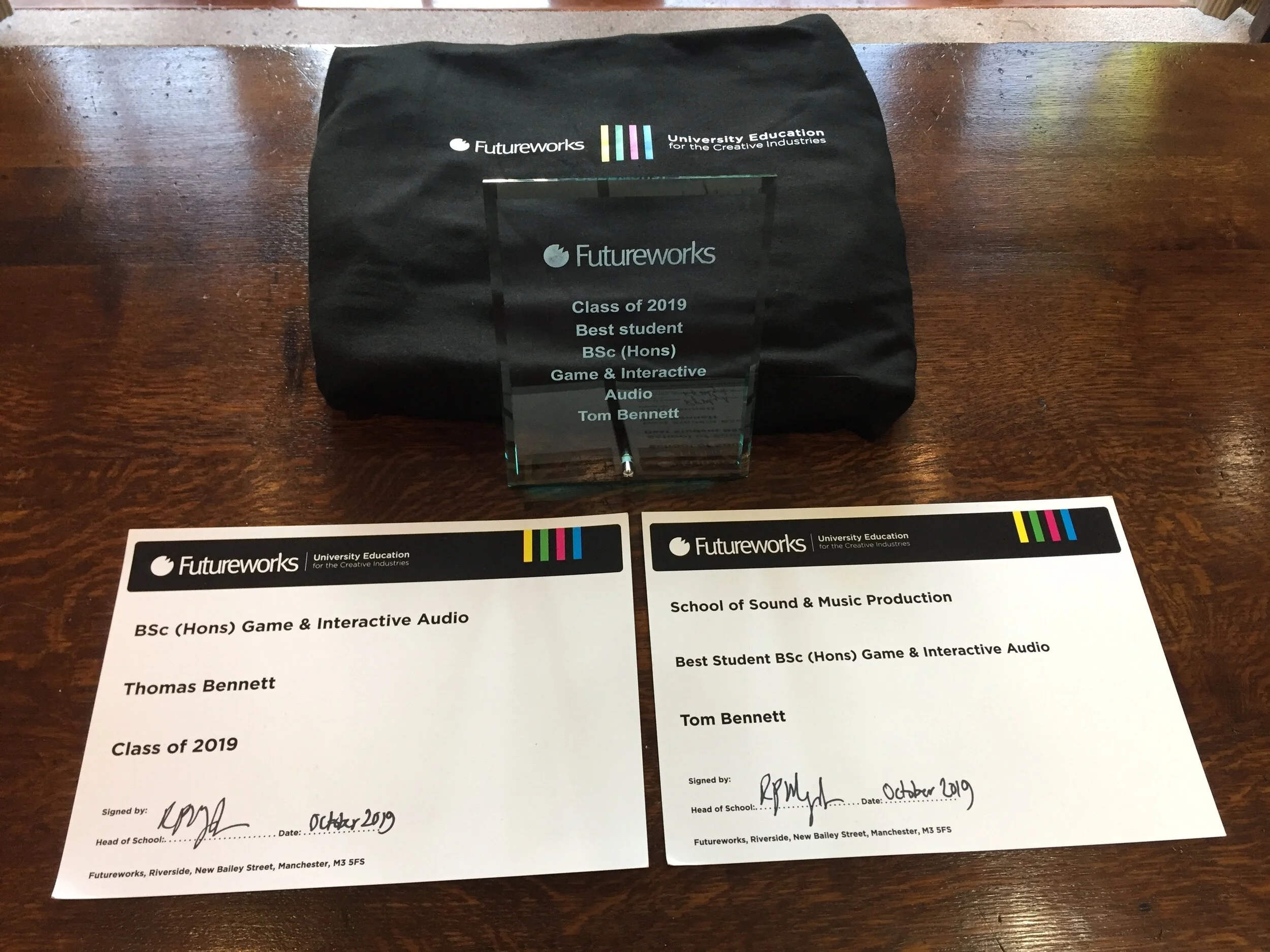 My certificates and award for Best Student on the Game &amp; Interactive Audio course! I was absolutely over the moon when I got called up to the stage to receive it!
