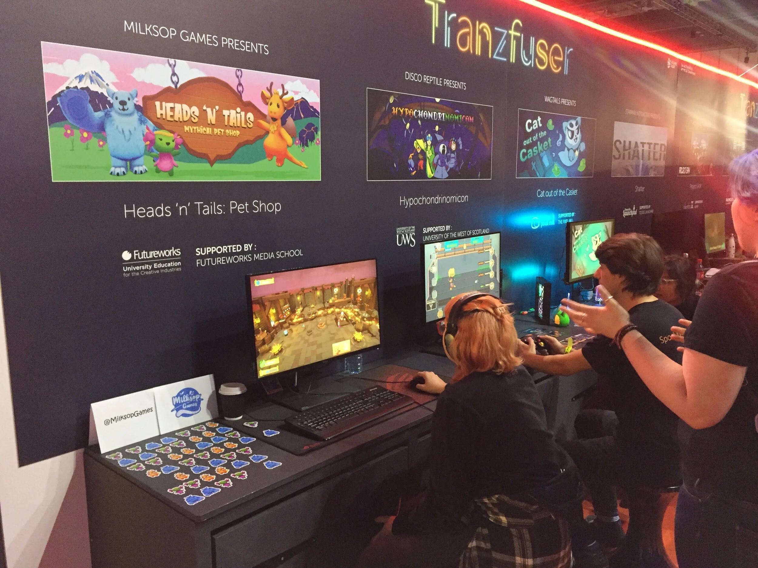 Milksop Games on the Tranzfuser stand! It was so cool to see people come up and want to have a play on Heads ‘n’ Tails. The team noticed that players who played the game with the headphones on tended to get higher scores than those who didn’t, which…