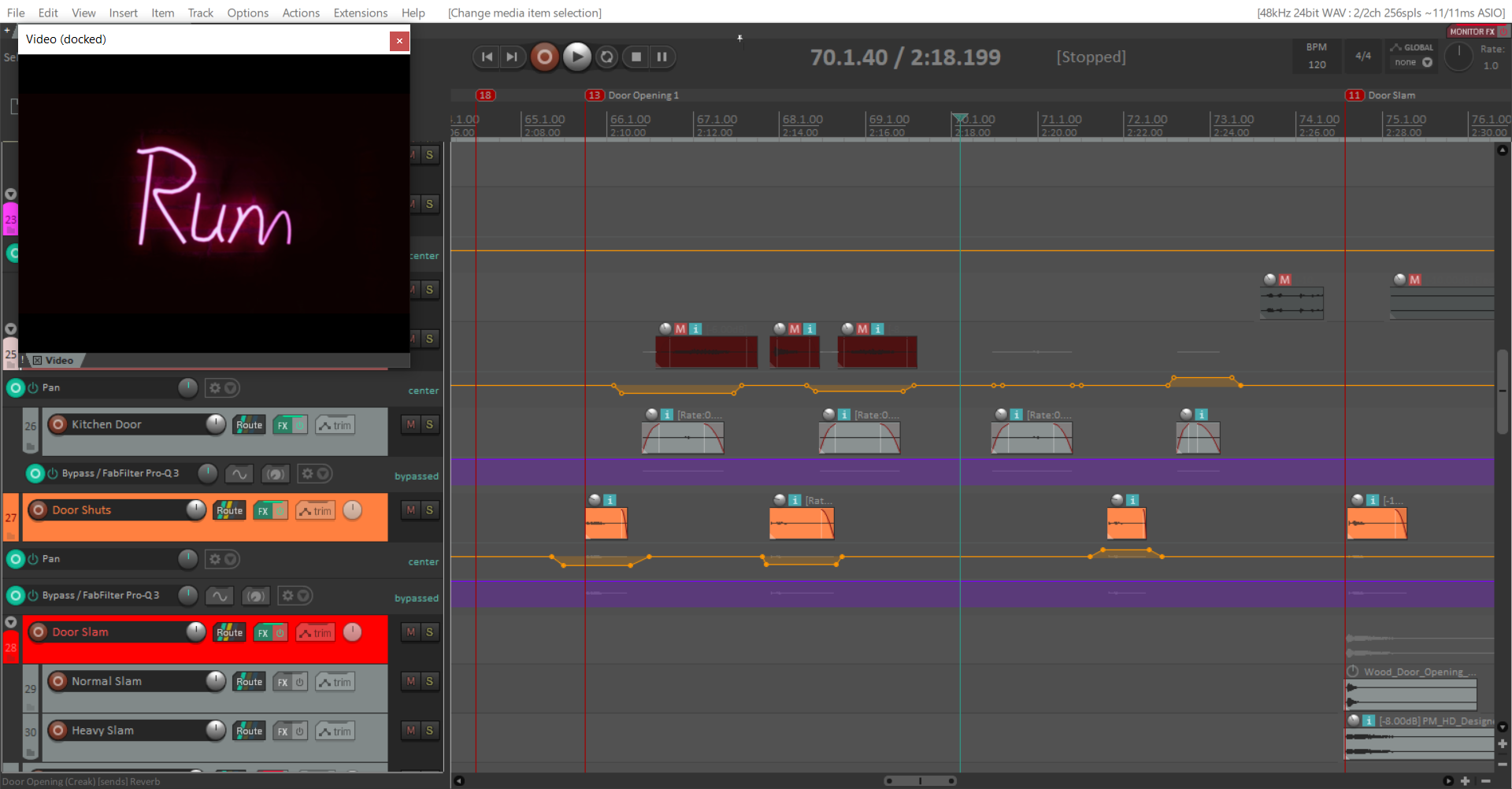 Here’s a shot from my Reaper session where I’ve used track panning to position diegetic source sounds in the scene in relation to the position of the camera. In this sequence of shots (02:15 - 02:28) the camera gradually moves from left to right thr…