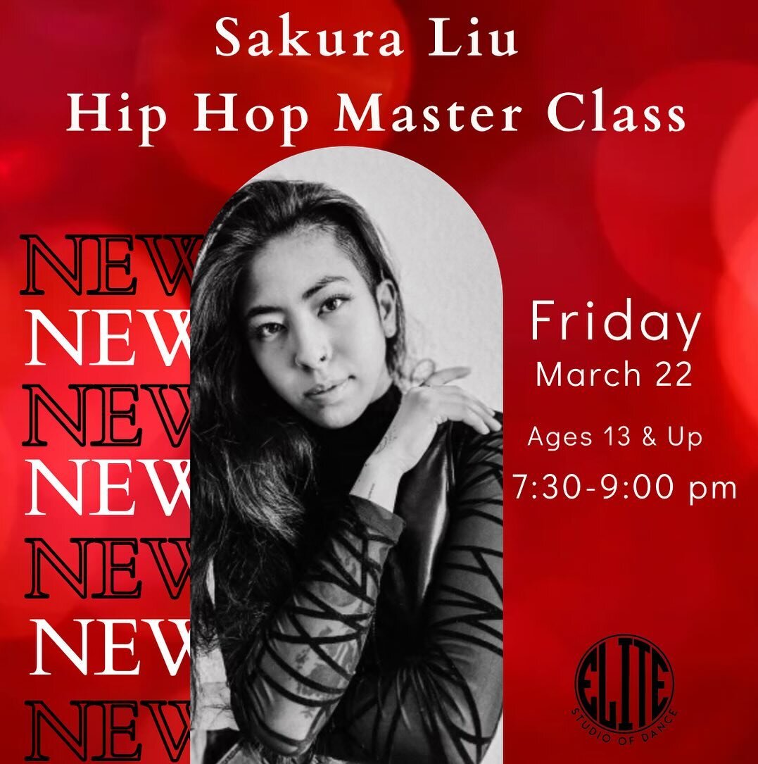 Please join us for our next master class with @sakuraliu_ This is a hip hop class for ages 13 and up, this Friday from 7:30 to 9:00 pm. 

Sakura began her dance journey at Laguna Creek High School in 2013, as a member and student director of Infinite