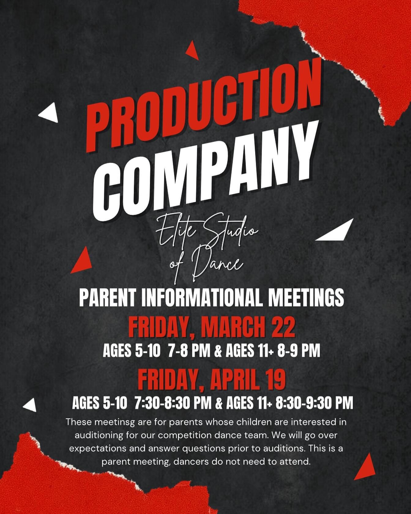 Whether you&rsquo;ve been dancing with our competition team for years or you&rsquo;re new and curious to learn more, plan your attend one of our upcoming parent information meetings.  We will be going over expectations and answering all your question