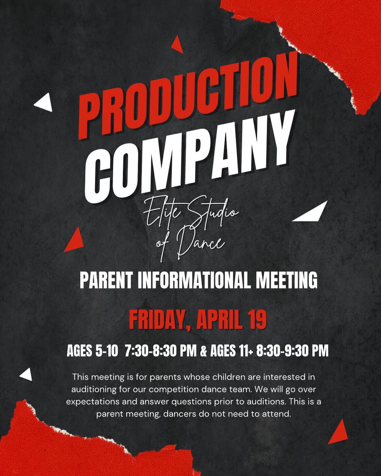 One last chance to attend a parent info meeting for our Elite Studio of Dance competition team. This meeting is for new and returning parents. We will go over requirements of the program and answer questions. For those who are interested, see you Fri