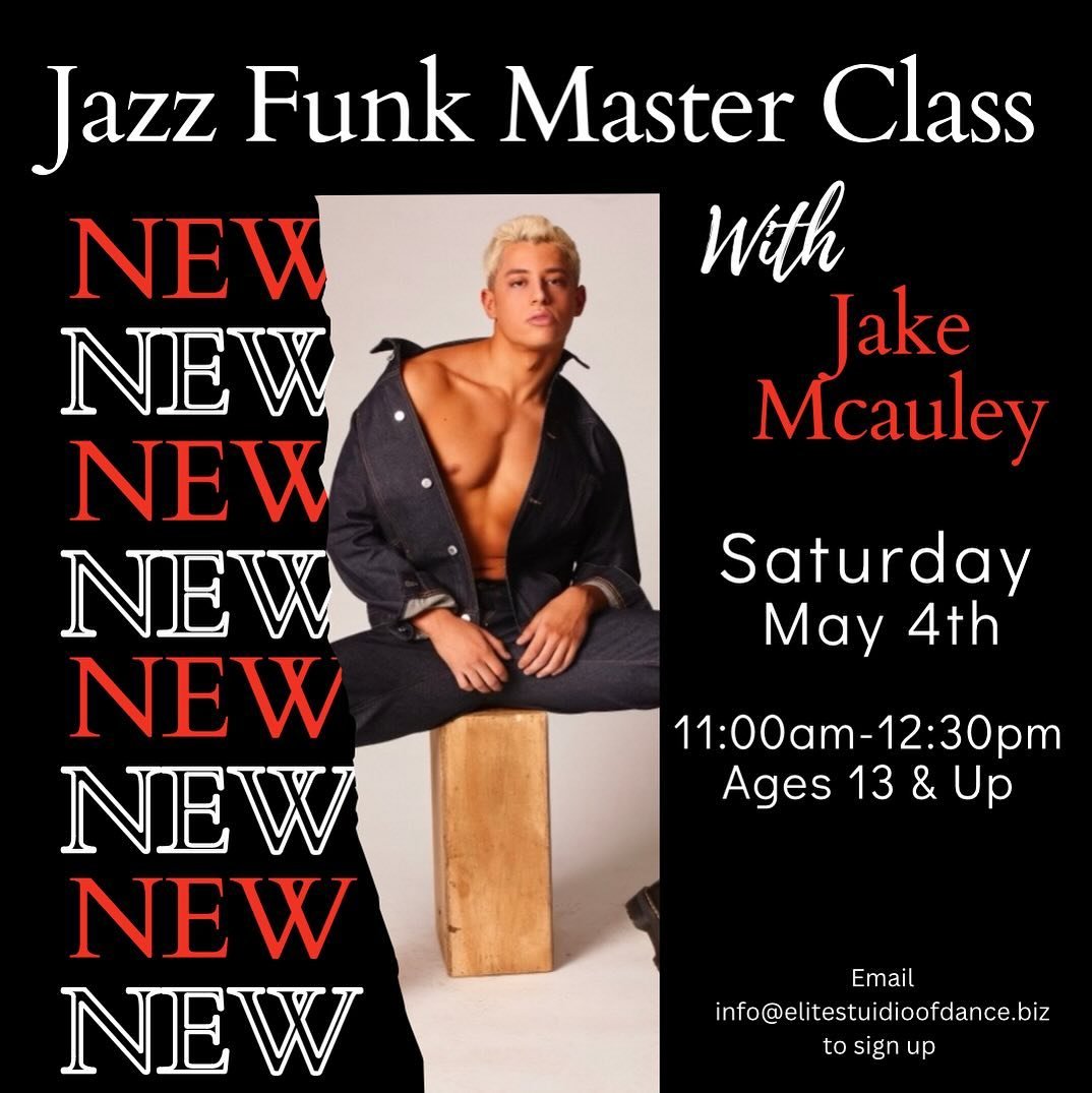 🚨Master class alert 🚨 Our very own @jakemcauley_ will be in studio this weekend! Join us for a jazz funk master class for dancers age 13 and older this Saturday at 11 am.