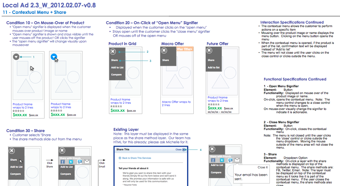 Functional and interaction specs - cover page (top) and contextual menus (bottom)