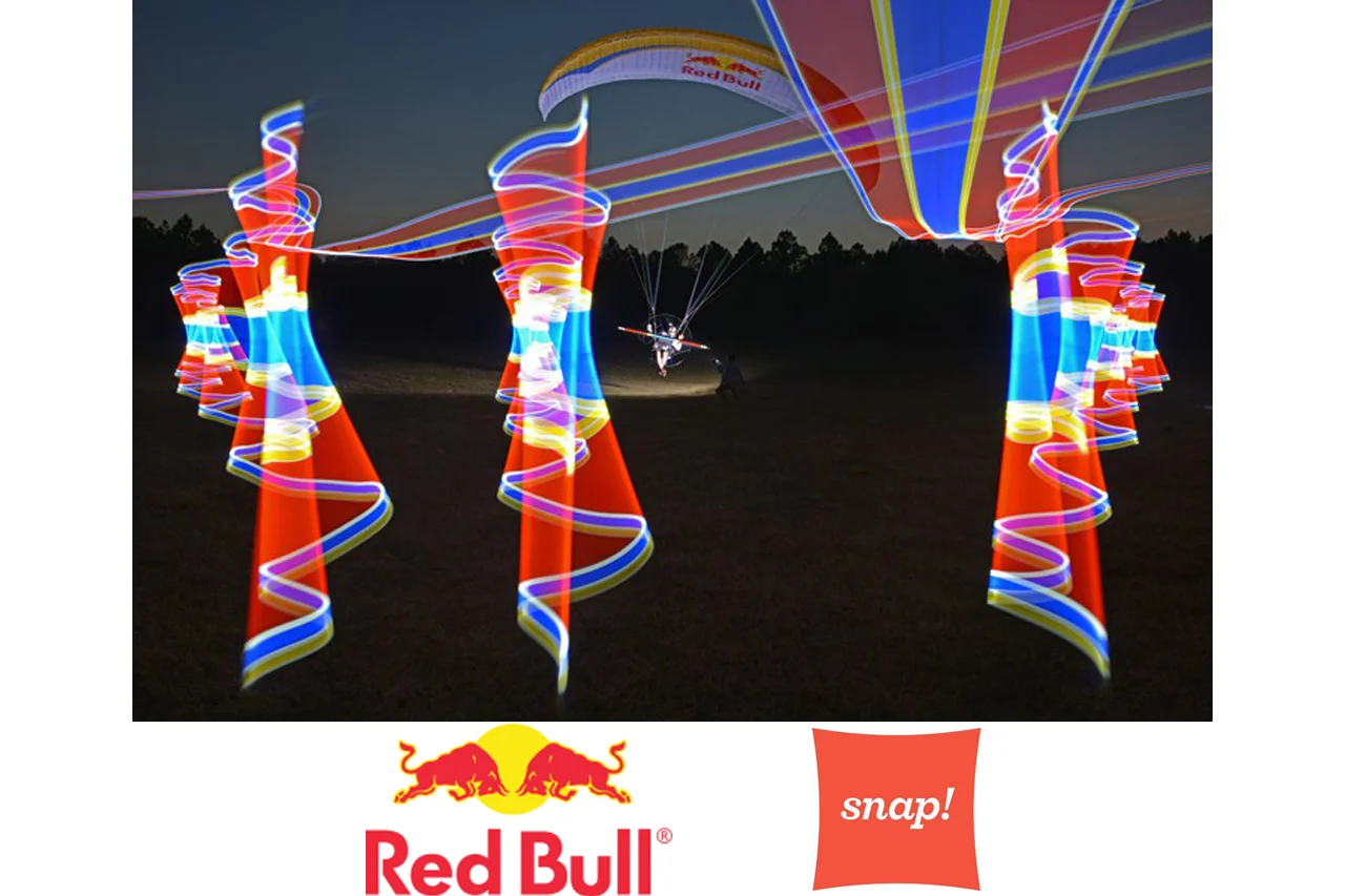Snap! - Motion to Light Paramotoring - Red Bull Illume 2013 Red Bull & Snap! Orlando In part 2 of the "Motion to Light" collaboration between Red Bull and Snap! Orlando, light painter Vicki DaSilva asks pilot Chris Santacroce to fly at night with an 8' light bulb strapped to his chest. Check out the amazing results. watch video