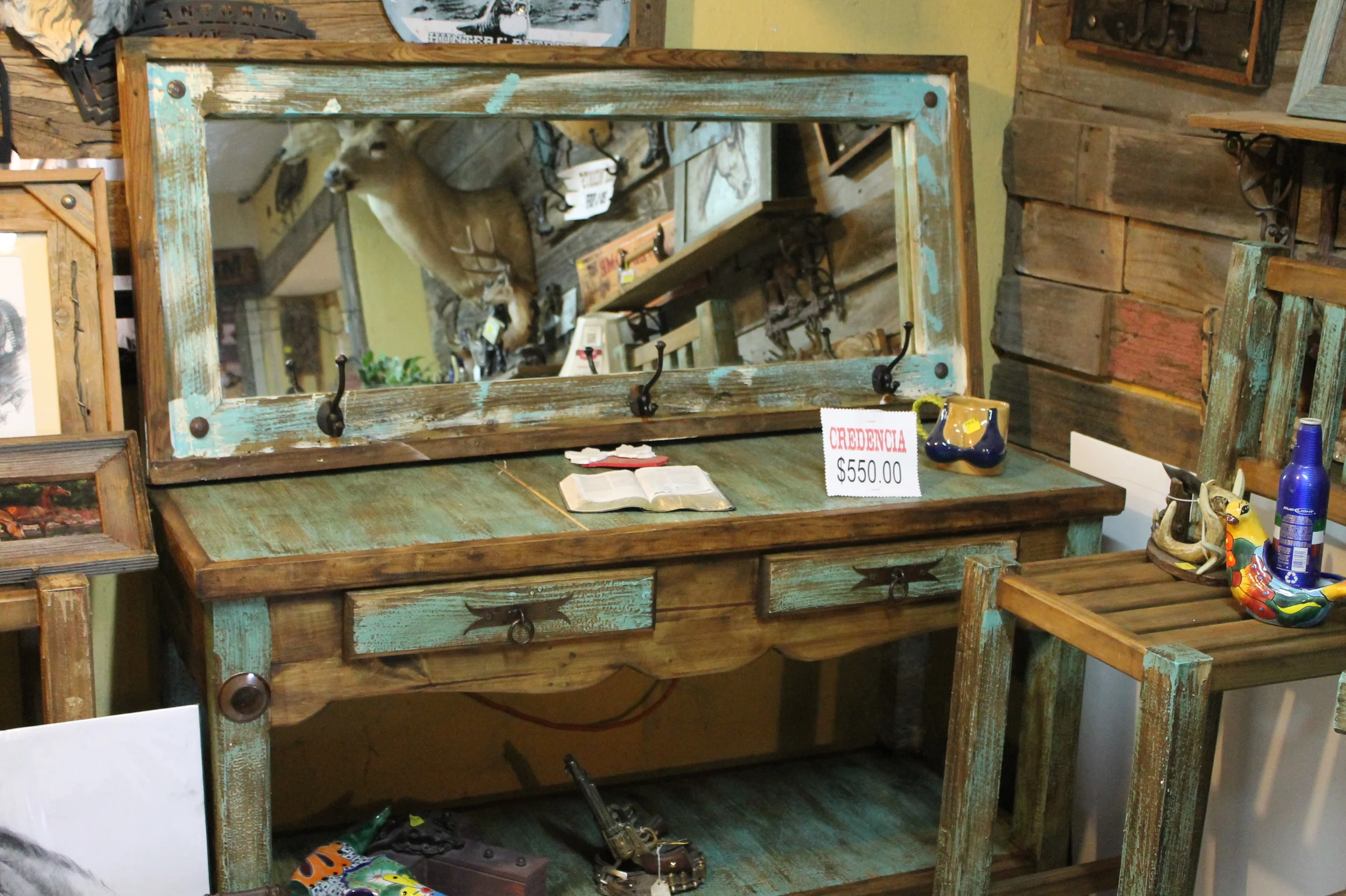Distressed Turquoise Credenza and Mirror-Coatrack.JPG