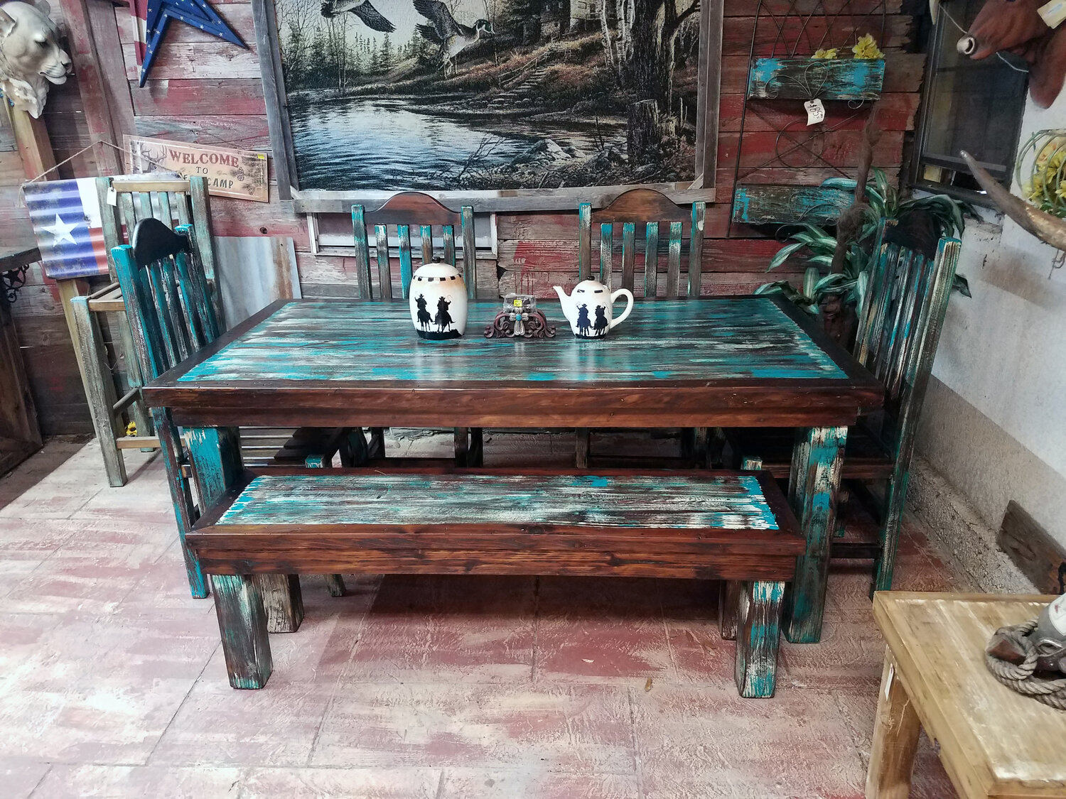 Custom Distressed Turquoise Dining Set With Bench Frontier Rustic Custom Distressed Turquoise Dining Set, Turquoise Dining Table