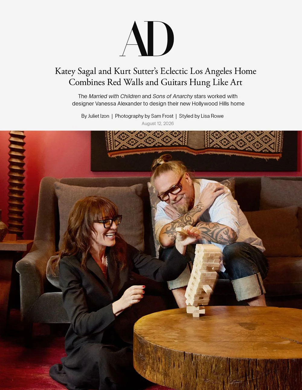 Katey Sagal and Kurt Sutter’s Eclectic Los Angeles Home Combines Red Walls and Guitars Hung Like Art
