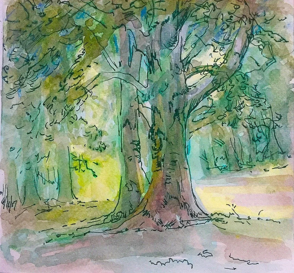 "Tiergarten," 6 x 6," Watercolor and Ink